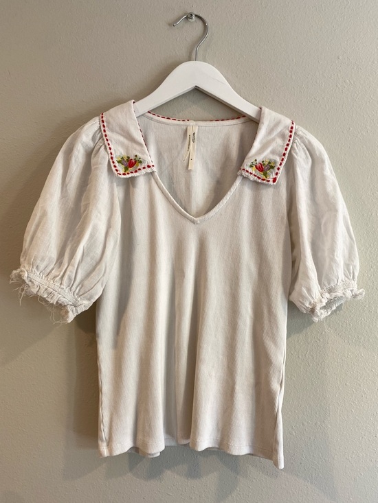 Anthropologie Tops - Anthropologie Embroidered Peter Pan Collar Ribbed Puff Sleeve Top S Cottagecore